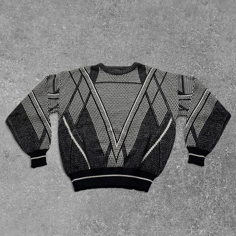 Vintage 90s Barnaby Geometric Knit Sweater Mens XL Black Gray Diamond Chevron